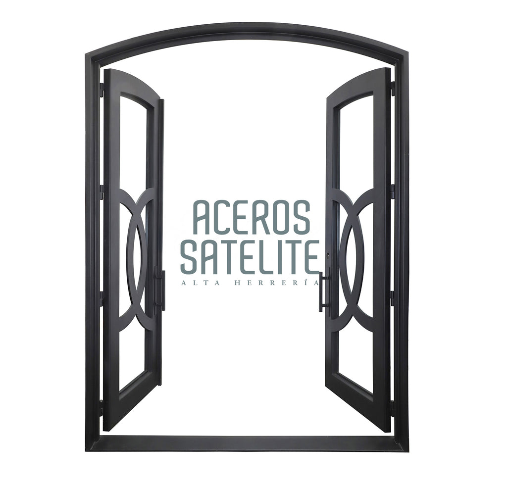 puerta de acero  doble con diseño geometrico  abierta