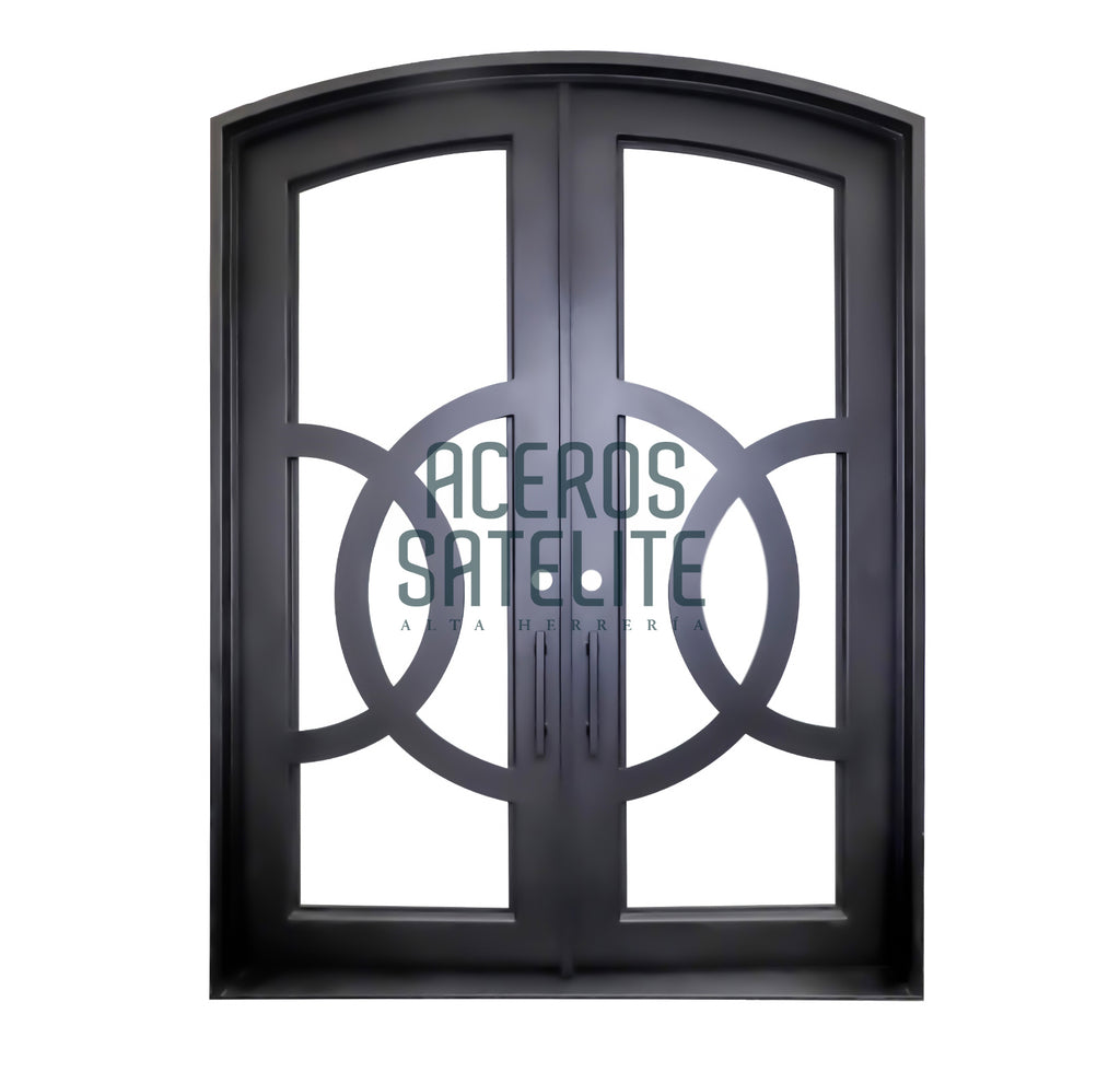 puerta de acero doble con diseño geometrico